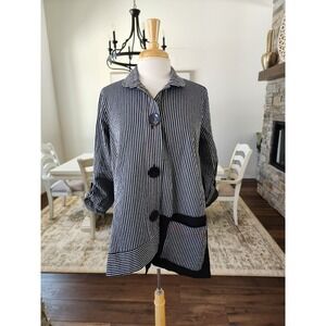 NWOT Ali Miles Black White Stripe Linen Blend Button Duster‎ Tunic Womens M